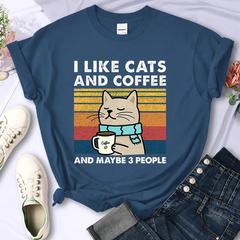 Cute Cat & Coffee Graphic Tee for Women