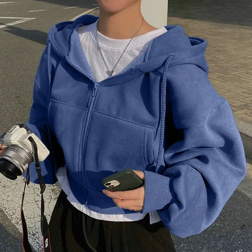 Navy Blue Hooded Cropped Sweatshirt for Women