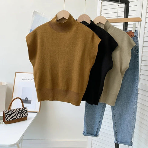 Solid Stand-up Collar Knitted Blouse Vest