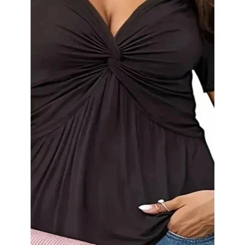 Plus Size V-Neck Short Sleeve Casual T-Shirt in Black