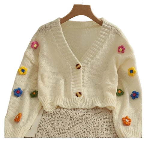 PTKPCC New Autumn Colourful Applique Flower Cardigan for Women Soft V-neck Knit Crop Sweater with Floral Design