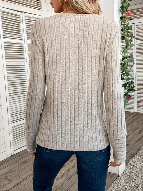 Solid Colour Round Neck Ribbed Long Sleeve Top