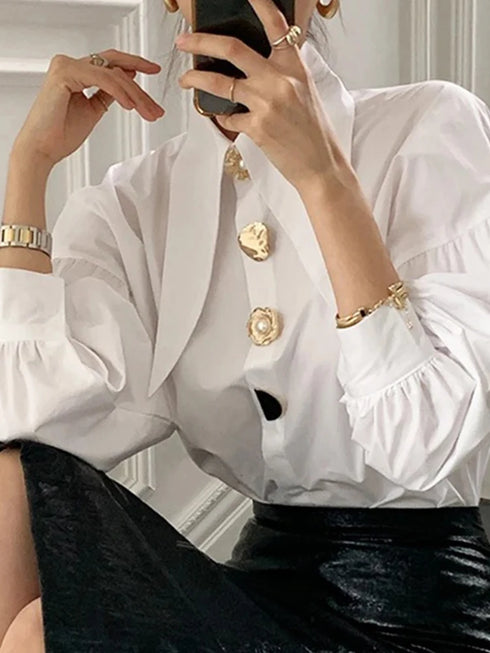 White Elegant Pearl Women Shirts Korean Sharp Corner Collar Loose Long Sleeve Ladies Blouse Y2k Fashion New Chic Female Tops