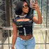 Hollow Out Black Crop Top with Letter Print