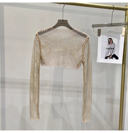 Hollow Out Rhinestone Long Sleeve Crop Top