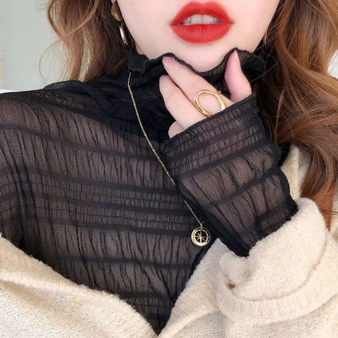 Lace Detail Turtleneck Long Sleeve Blouse