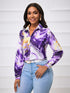 Women's Purple Gold Marble Print Satin Blouse