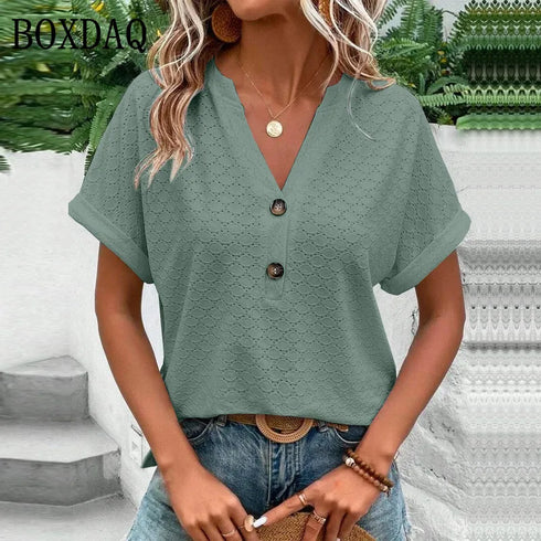 Casual Short Sleeve V-Neck Blouse for Women