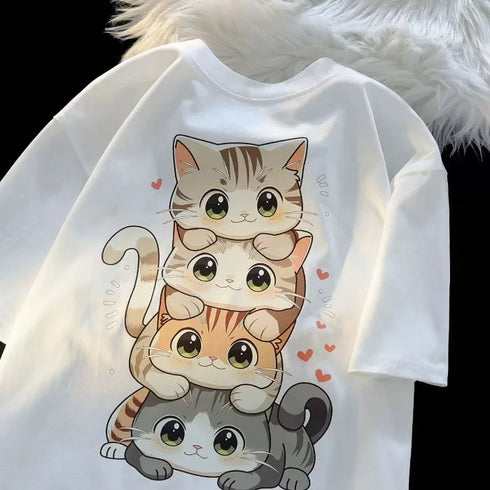 Cute Cartoon Cat Printed Short-Sleeved T-Shirt