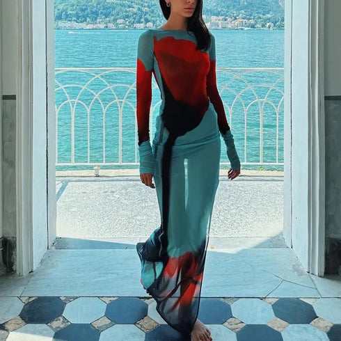 Floral Print Long Sleeve Maxi Beach Dress