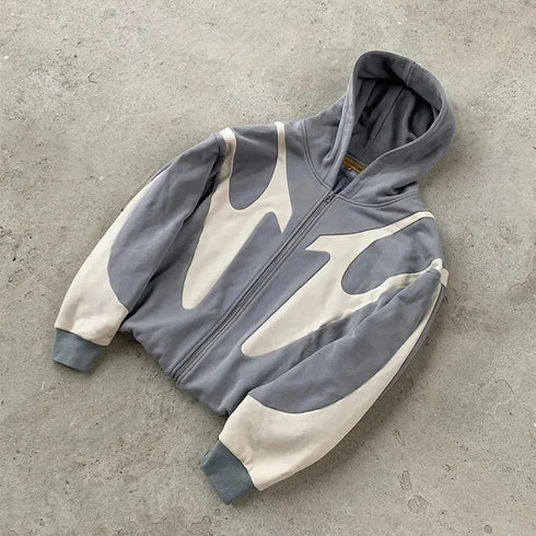 Geometric Pattern Zip-Up Hoodie in Grey
