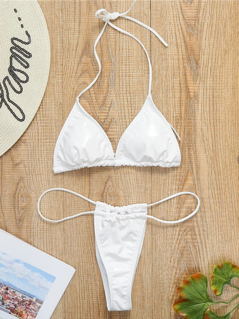 Shiny Black PU Mini Bikini Set for Women