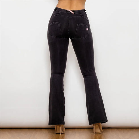 Ladies Distressed Black Flare Jeans