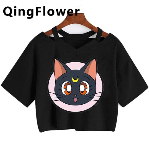 Kawaii Anime Cartoon Tee for Women - V-Neck Short Sleeve Top