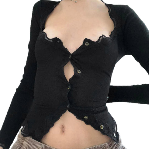 New Women´s Crop Tops, Long Sleeve Solid Color Jagged V Neck Lace Hem Button Down Slim Fit Shirt