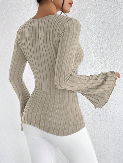 Women's Long-sleeved V-neck Striped Slim Fit Top