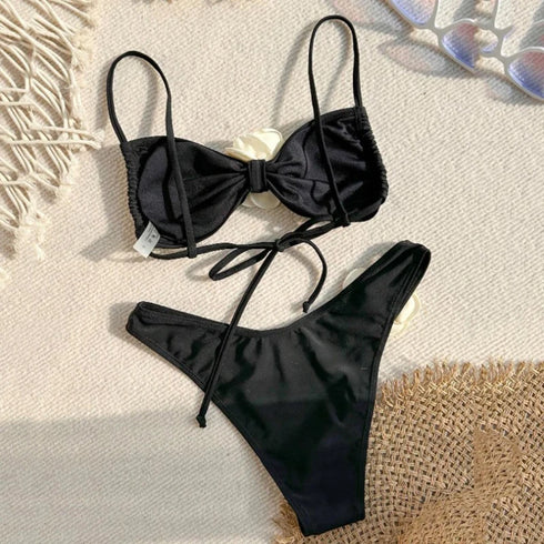 Sexy Flower Bandeau Swimwear Thong Bikini Women Lace-up Set