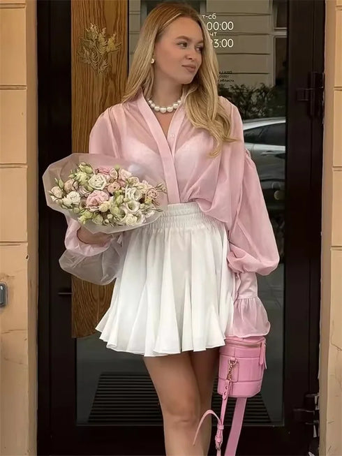 New Casual Loose See-Through White Shirts Women Autumn Lapel Long Sleeve Versatile Blouse Female Streetwear Pink Shirts Tops