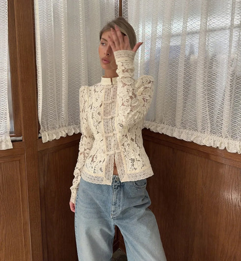 White Lace Hollow Out Blouse for Women