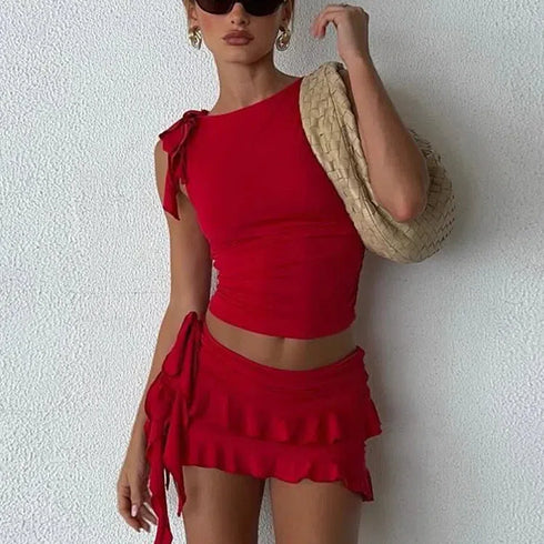 Weird Puss Women 2-Piece Pleated Mini Skirt & Tank Top Set