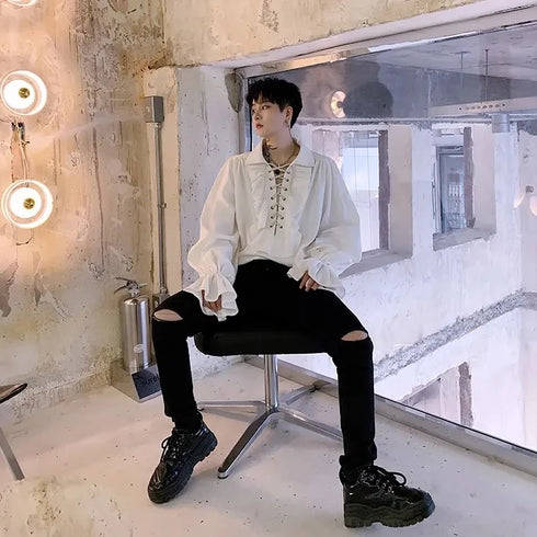 Victorian Gothic Ruffled Lace Up Blouse