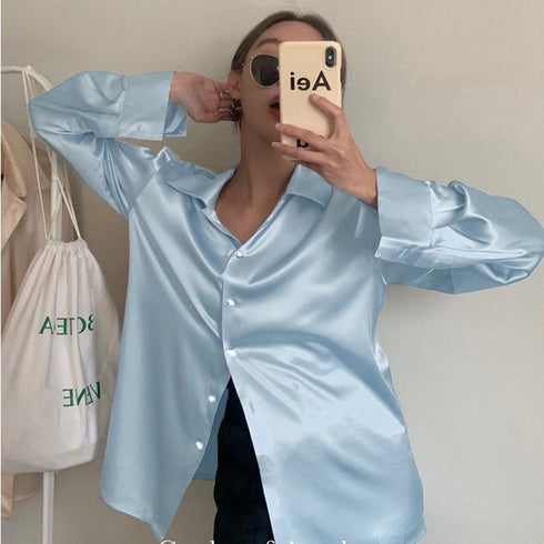Plus Size Satin Long Sleeve Blouse for Women