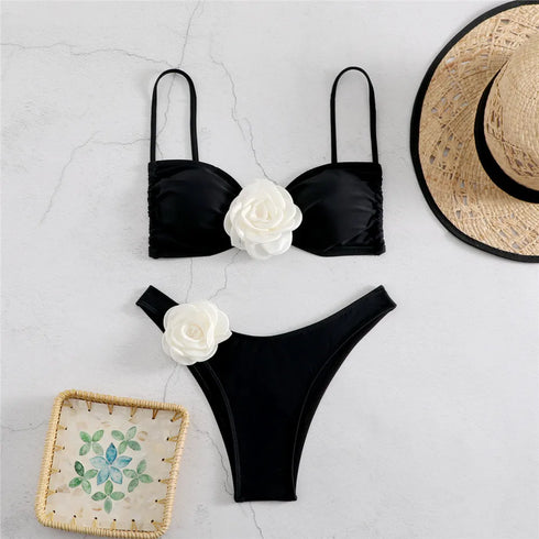 Sexy Flower Bandeau Swimwear Thong Bikini Women Lace-up Set