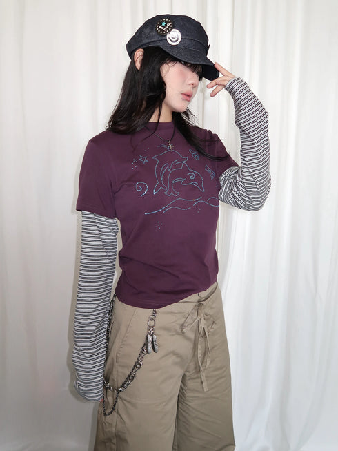 Tonngirl Y2K Vintage Long Sleeve Patchwork T-shirt