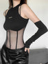 Black Mesh Patchwork Bodysuit for Women