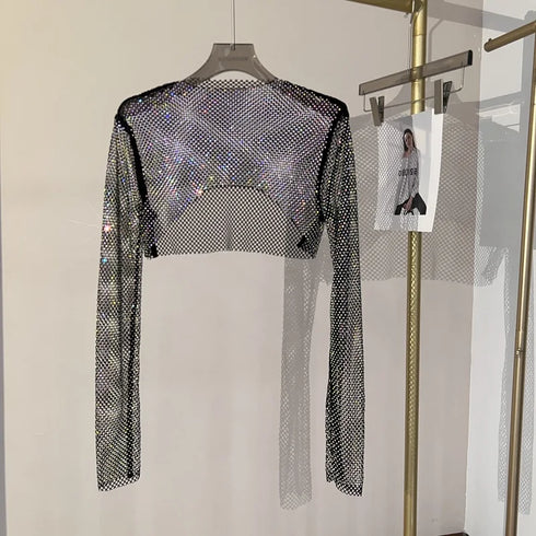 Hollow Out Rhinestone Long Sleeve Crop Top