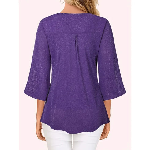 Plus Size V-Neck Casual Ruffle Edge 3/4 Sleeve Top