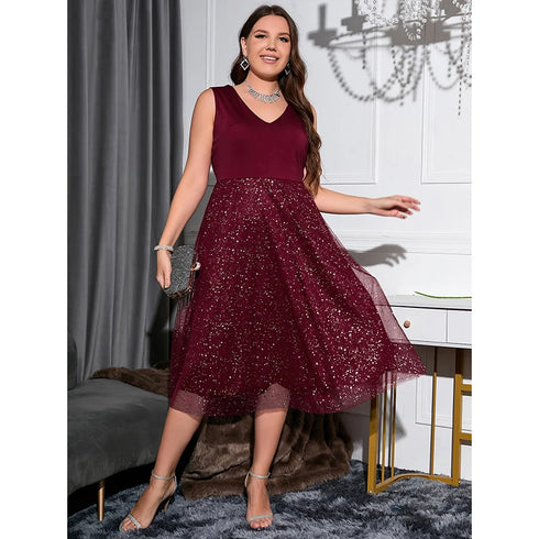 Plus Size V-Neck A-Line Mesh Swing Midi Dress