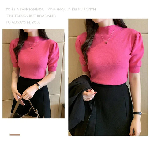 Women's Puff Sleeve Knitted Blouse with Half Turtleneck