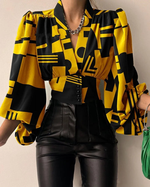 Elegant Lantern Sleeve V-Neck Blouse