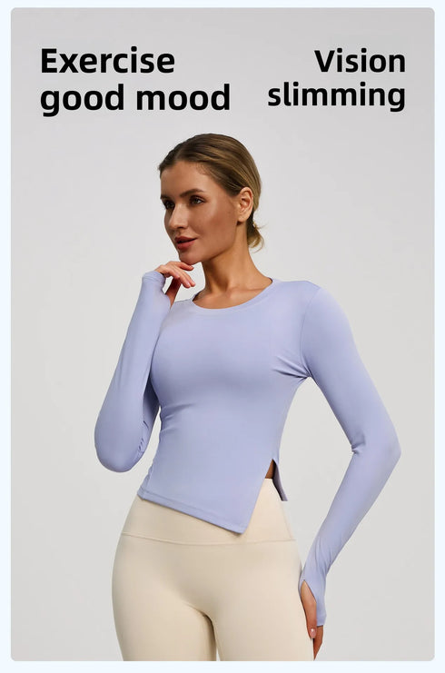 Long Sleeve O-Neck Yoga Top in Solid Colours