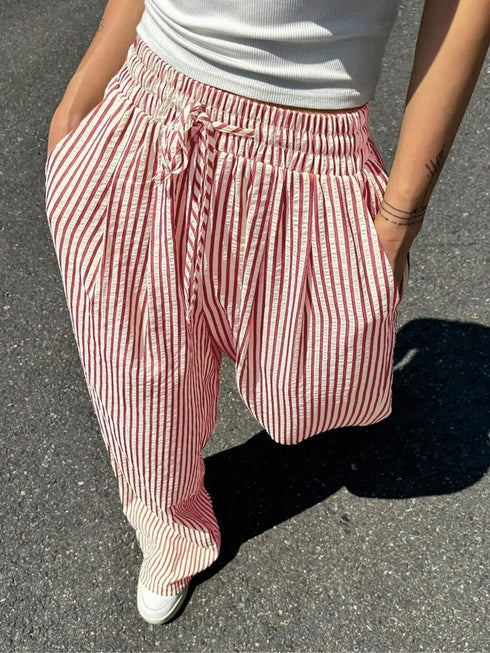 Plus Size Striped Drawstring Casual Pants