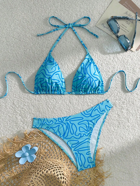 Blue Striped Adjustable Halterneck Bikini