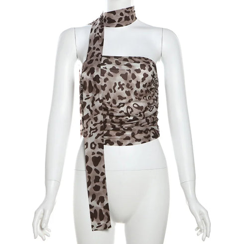 Leopard Print Tulle Off-the-Shoulder Top