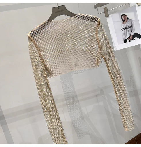 Hollow Out Rhinestone Long Sleeve Crop Top