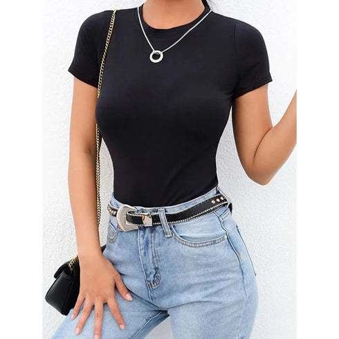 Casual Black and White Short Sleeve Bodysuit for Women