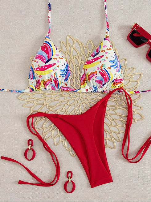 Tropical Fruit Print High Waisted Bikini Set