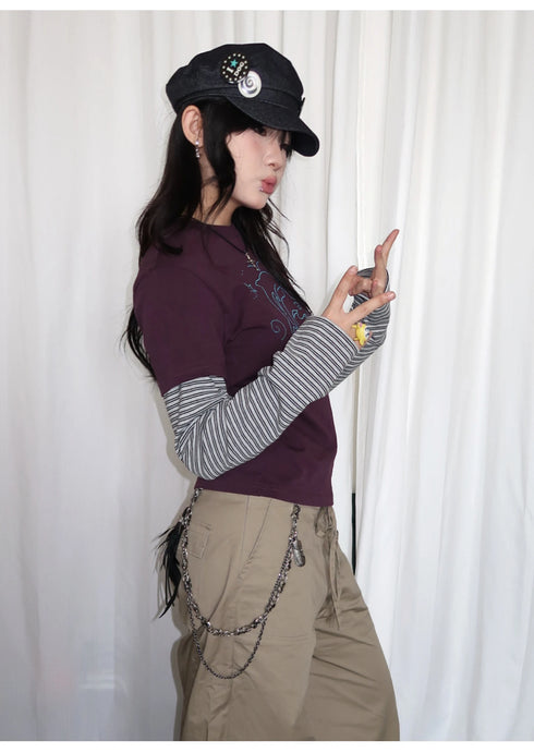 Tonngirl Y2K Vintage Long Sleeve Patchwork T-shirt