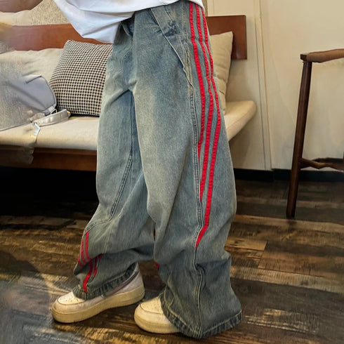 Korean Style Women's Wide Leg Jeans with Side Stripes
