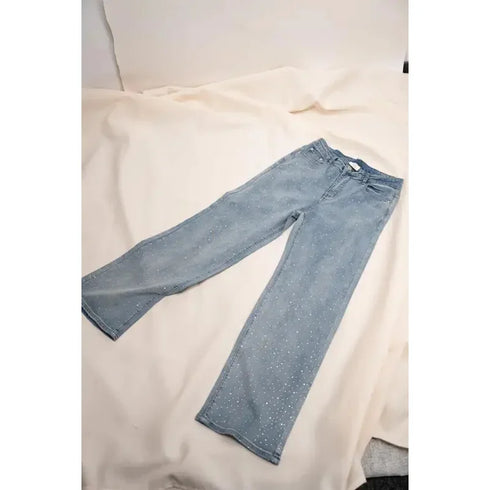 High Waist Straight Leg Denim Jeans with Diamond Detail