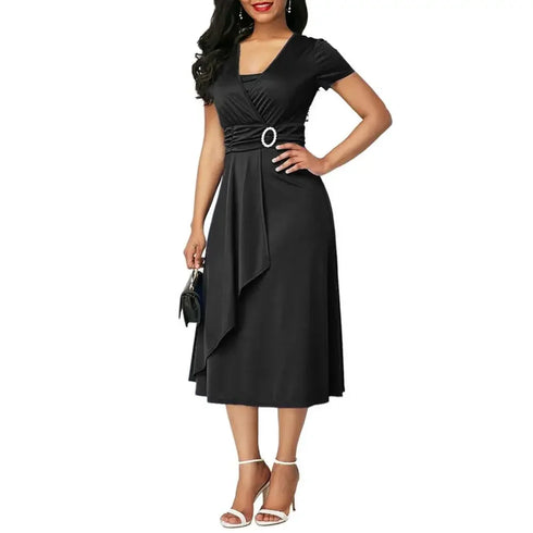 Elegant V Neck Midi Dress with Asymmetric Hem