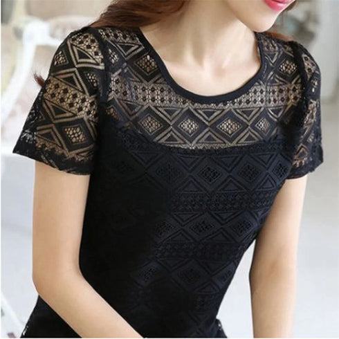 New Women Clothing Chiffon Blouse Lace Crochet Female Korean Shirts Ladies Blusas Tops Shirt White Blouses Slim Fit Tops 2024