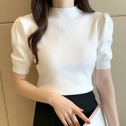 Women's Puff Sleeve Knitted Blouse with Half Turtleneck