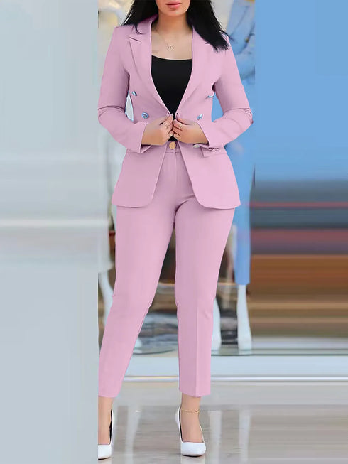 Notched Neck Blazer & High Waist Pants Set for Women