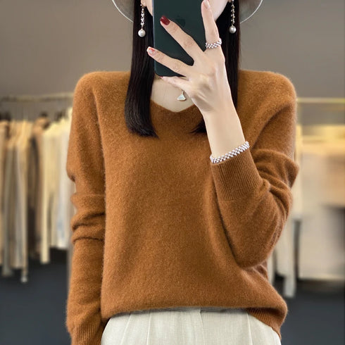 100% Merino Wool V-Neck Pullover Sweater for Women