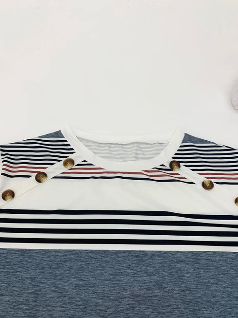 Plus size women's elegant short-sleeved top casual round neck T-shirt with fake buttons striped knitted fabric